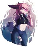  alpha_channel anthro bottomwear clothed clothing double_v_sign facial_piercing female gesture hair hi_res lizard looking_at_viewer lushminda midriff navel nose_piercing nose_ring pants piercing reptile scalie smile solo tongue tongue_out v_sign 