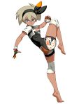  1girl ass barefoot black_leotard blue_eyes breasts dark_skin feet full_body genzoman gloves grey_hair gym_leader hairband leg_up leotard leotard_under_clothes poke_ball pokemon pokemon_(game) pokemon_swsh pose saitou_(pokemon) short_hair short_shorts short_sleeves shorts simple_background single_glove sportswear white_background wristband 