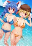  2girls ;d absurdres animal_ears bangs bare_arms bare_legs bare_shoulders bikini blonde_hair blue_bikini blue_hair blue_sky blush braid breasts brown_headwear bunny_ears cloud collarbone commentary_request day dutch_angle eyebrows_visible_through_hair feet_out_of_frame flat_cap frilled_bikini frills front-tie_bikini front-tie_top groin hair_between_eyes hand_up hat highres large_breasts long_braid long_hair looking_at_viewer multiple_girls navel ocean one_eye_closed open_mouth orange_bikini outdoors red_eyes ringo_(touhou) seiran_(touhou) short_hair single_braid sky smile standing stomach suigetsu_(watermoon-910) swimsuit thighs touhou wading 