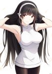  1girl armpits arms_up artist_name bare_arms bare_shoulders black_hair black_legwear brown_eyes cowboy_shot flower girls_frontline hairband hands_in_hair highres keenh long_hair looking_at_viewer pantyhose qbz-95_(girls_frontline) shirt simple_background sleeveless sleeveless_shirt smile solo standing thighband_pantyhose white_background white_flower white_shirt 