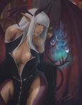  1girl absurdres artist_name bangs blunt_bangs blurry blurry_background breasts cleavage demon_tail demon_wings head_wings highres horns large_breasts long_hair magic making-of_available original pointy_ears signature sitting solo standing tail thamuzmartu very_long_hair white_hair wide_sleeves wings yellow_eyes 