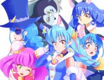  1boy 5girls :3 :o ;d animal_ears bakenyan_(precure) black_neckwear blue_cat blue_gloves blue_hair blue_headwear blue_shirt blush_stickers braid bun_cover cat_ears choker closed_mouth cure_cosmo double_bun elbow_gloves extra_ears furry gloves green_eyes hat highres long_hair mao_(precure) monocle multicolored_hair multiple_girls multiple_persona one_eye_closed open_mouth orange_eyes pink_hair pointy_ears precure purple_hair shirt shiruppo simple_background sleeveless sleeveless_shirt smile star_twinkle_precure streaked_hair surprised tongue tongue_out top_hat twin_braids two-tone_hair upper_body whiskers white_background yuni_(precure) 