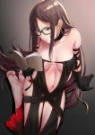  1girl arm_support barefoot black-framed_eyewear black_dress black_gloves book breasts brown_eyes brown_hair choker cleavage collarbone consort_yu_(fate) dress earrings fate/grand_order fate_(series) frown glasses gloves grey_background highres holding jewelry long_hair medium_breasts navel open_book revealing_clothes shiny shiny_hair sitting sleeveless sleeveless_dress soles solo strapless strapless_dress tawagoto_dukai_no_deshi very_long_hair 