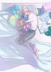  amputee bed blonde_hair blue_hair child closed_eyes folded_clothes galo_thymos highres hood hoodie kray_foresight long_sleeves male_focus messy_hair pants pillow promare pupupufire shirt short_hair sleeping spiked_hair stuffed_animal stuffed_toy younger 