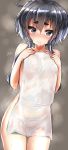  1girl absurdres black_hair blush breasts closed_mouth eyebrows_visible_through_hair gradient gradient_background grey_eyes hair_between_eyes highres kantai_collection mechanical_pencil naked_towel pencil short_eyebrows short_hair short_hair_with_long_locks small_breasts solo steam thick_eyebrows tokitsukaze_(kantai_collection) towel water_drop yufuissei0702 