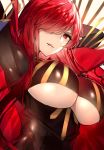  1girl arm_up bangs black_bodysuit bodysuit breasts cape commentary_request fate/grand_order fate_(series) grin hair_over_one_eye large_breasts licking_lips long_hair looking_at_viewer oda_nobunaga oda_nobunaga_(fate) oda_nobunaga_(maou_avenger)_(fate) parted_lips red_eyes red_hair skindentation smile solo tongue tongue_out touwa_nikuman underboob underboob_cutout upper_body very_long_hair 
