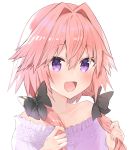  1boy :d absurdres alternate_costume alternate_hairstyle astolfo_(fate) bangs bare_shoulders black_bow blush bow collarbone commentary_request eyebrows_visible_through_hair fate/apocrypha fate_(series) hair_between_eyes hair_bow hair_intakes hair_over_shoulder highres holding holding_hair kusumoto_touka long_hair looking_at_viewer low_twintails male_focus off-shoulder_shirt off_shoulder open_mouth otoko_no_ko pink_hair portrait purple_eyes purple_nails purple_shirt shiny shiny_hair shirt simple_background smile solo twintails white_background 