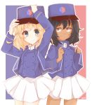  2girls adjusting_clothes adjusting_headwear andou_(girls_und_panzer) artist_name bangs bc_freedom_(emblem) bc_freedom_military_uniform black_hair blonde_hair blue_eyes blue_headwear blue_jacket blue_vest brown_eyes closed_mouth commentary cowboy_shot dark_skin dress_shirt emblem flag_background french_flag girls_und_panzer hat high_collar highres jacket long_sleeves looking_at_viewer medium_hair messy_hair military military_hat military_uniform miniskirt multiple_girls oshida_(girls_und_panzer) outline pleated_skirt shako_cap shino_(sn_kmn) shirt side-by-side signature skirt smile standing uniform vest white_outline white_shirt white_skirt 