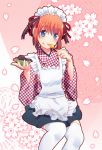  1girl apron bangs black_skirt blue_eyes checkered checkered_kimono eyebrows_visible_through_hair food ginkamiaki gintama hair_between_eyes holding holding_food holding_spoon invisible_chair japanese_clothes kagura_(gintama) kimono long_sleeves looking_at_viewer miniskirt orange_hair pleated_skirt shiny shiny_hair short_hair sitting skirt smile solo spoon thighhighs tongue tongue_out white_apron white_legwear wide_sleeves 