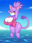  big_breasts blaze_the_cat breasts cleavage clothed clothing domestic_cat felid feline felis female fur looking_at_viewer mammal multicolored_fur nipple_outline nitro purple_fur sea smile solo sonic_(series) swimwear thick_thighs water white_fur 
