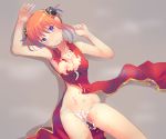  1girl blue_eyes breasts china_dress chinese_clothes collarbone cum cum_on_body double_bun dress eyebrows_visible_through_hair facial floating_hair ginkamiaki gintama grey_background hair_between_eyes head_tilt kagura_(gintama) looking_at_viewer nipples orange_hair panties parted_lips red_dress shiny shiny_hair sleeveless sleeveless_dress small_breasts solo torn_clothes torn_dress underwear white_panties 