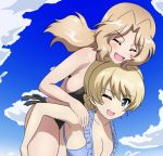  :d ;d bangs bikini black_bikini_top blonde_hair blue_bikini blue_eyes blue_sky braid breasts bukkuri carrying cloud cloudy_sky commentary_request darjeeling day eyebrows_visible_through_hair frilled_bikini frills girls_und_panzer hair_intakes kay_(girls_und_panzer) large_breasts leaning_forward light_blush long_hair looking_at_viewer one_eye_closed open_mouth outdoors piggyback side-by-side sky smile standing swimsuit tied_hair 