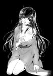  1girl areolae basilisk_(manga) black_background breasts cleavage collarbone eyebrows_visible_through_hair floating_hair greyscale hair_between_eyes head_tilt iga_oboro japanese_clothes kimono kneeling long_hair looking_at_viewer medium_breasts momochio monochrome off_shoulder open_clothes open_kimono parted_lips shiny shiny_hair simple_background solo very_long_hair 