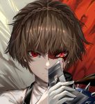  1girl absurdres angry bangs blood blood_on_face braid brown_hair closed_mouth crown_braid face gloves glowing glowing_eye highres holding holding_mask huijin_zhi_ling looking_at_viewer mask mask_removed niijima_makoto persona persona_5 red_eyes scarf shiny shiny_hair short_hair shoulder_spikes solo spikes turtleneck v-shaped_eyebrows 
