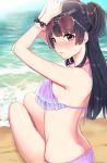  1girl arms_up bangs bare_legs beach bead_bracelet beads black_hair blunt_bangs blush bow bracelet breasts brown_eyes eyebrows_visible_through_hair eyewear_on_head frilled_bikini_top hair_over_shoulder hand_on_own_head highres idolmaster idolmaster_shiny_colors jewelry lavender_bikini long_hair looking_at_viewer looking_back mayuzumi_fuyuko medium_breasts otsuki38 outdoors sand sideboob sidelocks sitting sunglasses water 