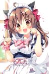  1girl :d ahoge animal_ears apron bangs blue_dress blurry blurry_background blush bow breasts brown_eyes brown_hair cat_ears collared_shirt commentary_request covered_nipples depth_of_field dress dress_shirt eyebrows_visible_through_hair fingernails hair_between_eyes hair_bow hands_up head_tilt heart long_hair looking_at_viewer maid maid_headdress medium_breasts nail_polish open_mouth original pan_(mimi) paw_pose pink_bow pink_nails pink_ribbon pink_scrunchie puffy_short_sleeves puffy_sleeves red_bow ribbon scrunchie shirt short_sleeves smile solo waist_apron white_apron white_shirt window wrist_scrunchie 