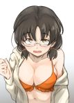  1girl asano_fuuka bikini black_hair blush breasts brown_eyes cleavage collarbone commentary_request eyebrows_visible_through_hair glasses idolmaster idolmaster_cinderella_girls jacket large_breasts looking_at_viewer low_twintails open_mouth orange_bikini short_hair solo swimsuit twintails unu_(unucence) white_jacket 