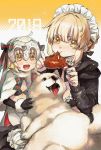  2018 2girls :d animal apron artoria_pendragon_(all) artoria_pendragon_(swimsuit_rider_alter) bangs bell bikini_top black_bikini_top black_gloves black_jacket blonde_hair dog eating elbow_gloves eyebrows_visible_through_hair fate/grand_order fate_(series) gloves headpiece highres hood hood_down hooded_jacket jacket jeanne_d&#039;arc_(fate)_(all) jeanne_d&#039;arc_alter_santa_lily long_sleeves mafuyu_hemp maid_apron maid_bikini maid_headdress multiple_girls open_clothes open_jacket open_mouth ribbon samoyed_(dog) short_hair smile white_apron yellow_eyes 