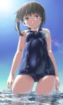  1girl absurdres ass_visible_through_thighs bare_arms black_eyes black_hair blue_swimsuit blush breasts collarbone covered_navel day dd_(ijigendd) fubuki_(kantai_collection) highres kantai_collection looking_at_viewer low_ponytail old_school_swimsuit one-piece_swimsuit ponytail school_swimsuit school_swimsuit_flap short_ponytail sidelocks small_breasts solo swimsuit 