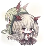  2girls :o bangs bat_wings black_legwear blonde_hair blush brown_eyes brown_skirt chibi commentary_request cottontailtokki eyebrows_visible_through_hair flower green_hair hair_between_eyes head_wings knees_up long_hair long_sleeves looking_at_viewer multiple_girls no_shoes pantyhose parted_lips pleated_skirt puffy_long_sleeves puffy_sleeves red_flower red_rose red_wings rose shadowverse shirt skirt sleeves_past_wrists vampy very_long_hair white_background white_shirt wings 