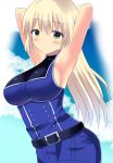  1girl :o armpits arms_behind_head arms_up bangs bare_shoulders belt belt_buckle black_belt blonde_hair blue_dress blue_sky blush breasts buckle cloud cloudy_sky commentary_request day dress eyebrows_visible_through_hair green_eyes hachigatsu_no_cinderella_nine hair_between_eyes large_breasts long_hair looking_at_viewer neu_(frameice) nozaki_yuuki parted_lips sideboob sky solo very_long_hair 