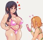  2girls akiyama_mio ass belly bikini black_eyes black_hair blush breasts brown_hair cellphone cellphone_camera curvy embarrassed flip_phone green_bikini green_bracelet hairband huge_breasts k-on! laughing long_hair long_sleeves looking_at_another multiple_girls open_mouth phone pink_bikini plump shiny shiny_skin shirt short_hair simple_background size_difference smile spadess standing strap_pull swimsuit tainaka_ritsu taking_picture thighs very_long_hair weight_conscious white_background white_shirt 