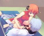  1boy 1girl bangs barefoot black_shirt blue_eyes china_dress chinese_clothes double_bun dress eyebrows_visible_through_hair ginkamiaki gintama girl_on_top hair_between_eyes indoors kagura_(gintama) open_mouth orange_hair red_dress sakata_gintoki shiny shiny_hair shirt short_dress short_hair side_slit silver_hair sleeveless sleeveless_dress sweatdrop 