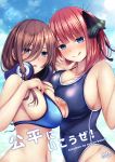  2girls :o :q areolae asymmetrical_docking bangs bare_shoulders bikini bikini_aside black_ribbon blue_bikini blue_eyes blunt_bangs blush breast_press breasts brown_hair cleavage closed_mouth collarbone commentary_request cover cover_page eyebrows_visible_through_hair fou_zi go-toubun_no_hanayome groin hair_between_eyes hair_ornament hair_ribbon hands_up headphones headphones_around_neck highleg highleg_swimsuit highres large_breasts long_hair looking_at_viewer medium_breasts multiple_girls nakano_miku nakano_nino navel nippleless_clothes nipples pink_hair ribbon smile stomach swimsuit tongue tongue_out wet 