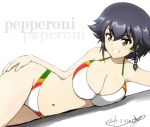  1girl artist_name bangs bikini black_hair braid breasts brown_eyes bukkuri character_name cleavage commentary dated dutch_angle flag_print girls_und_panzer grin hand_on_own_thigh italian_flag large_breasts looking_at_viewer lying navel on_side pepperoni_(girls_und_panzer) short_hair side_braid signature smile solo swimsuit white_bikini 