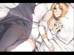  1girl blonde_hair blue_eyes braid breast_hold breasts bridal_veil cleavage commentary_request detached_sleeves dress flower hair_over_shoulder letterboxed lily_(flower) long_hair looking_at_viewer lying mirage_koas on_back panties pillow sblack single_braid solo star_ocean star_ocean_anamnesis thighhighs underwear veil wedding_dress white_legwear white_panties 