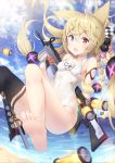  1girl :d animal_ears ass bare_legs bare_shoulders barefoot beach black_legwear blonde_hair blue_eyes blue_sky blush braid breasts canister checkered cloud cloudy_sky collarbone convenient_leg covered_navel day fang feet floating_hair g41_(girls_frontline) girls_frontline glint gun h&amp;k_g41 hair_between_eyes hair_bobbles hair_ornament hair_ribbon hatsuki_kaname heterochromia holding holding_gun holding_weapon long_hair looking_at_viewer name_tag object_namesake ocean one-piece_swimsuit open_mouth outdoors red_eyes ribbon school_swimsuit single_thighhigh sky small_breasts smile solo sunlight swimsuit thighhighs thighs toes very_long_hair water weapon white_swimsuit 