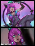  1girl cock_shock green_eyes highres kumiko_shiba large_penis league_of_legends penis purple_hair qiyana_(league_of_legends) to_be_continued 