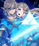  1boy 1girl ataka_takeru black_gloves blonde_hair blue_eyes blue_shirt braid closed_mouth collarbone crown_braid fingerless_gloves floating_hair gloves holding holding_sword holding_weapon link long_hair looking_at_viewer open_mouth outstretched_hand pointy_ears princess_zelda shirt sword the_legend_of_zelda triforce weapon 