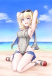  1girl adapted_costume armpits arms_behind_head arms_up beach blonde_hair blue_eyes blue_sky breasts capelet cloud colorado_(kantai_collection) covered_navel day eyewear_on_head full_body grey_swimsuit highres kantai_collection kneeling medium_breasts meihemu open_mouth outdoors sandals short_hair side_braids sky solo sunglasses swimsuit turtleneck 