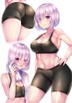  1girl ass bangs bare_shoulders beeyan bike_shorts black_bra black_shorts blush bra breasts cleavage fate/grand_order fate_(series) hair_over_one_eye highres hip_focus large_breasts looking_at_viewer mash_kyrielight multiple_views navel pants purple_eyes purple_hair shiny shiny_hair shiny_skin short_hair shorts simple_background solo sports_bra sweat thighs towel underwear white_background 