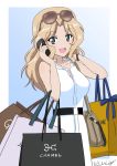  1girl :d artist_name bag blonde_hair blue_background blue_eyes breasts brown-framed_eyewear bukkuri carrying cellphone chanel cleavage commentary_request dated dress eyebrows_visible_through_hair eyewear_on_head girls_und_panzer gradient gradient_background hair_intakes hand_in_hair handbag holding holding_cellphone holding_phone kay_(girls_und_panzer) logo long_hair looking_at_viewer medium_breasts open_mouth outside_border phone shopping_bag signature sleeveless sleeveless_dress smile solo standing sunglasses watch white_dress wristwatch 