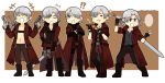  :3 belt dante_(devil_may_cry) devil_may_cry devil_may_cry_1 devil_may_cry_2 devil_may_cry_3 devil_may_cry_4 devil_may_cry_5 fingerless_gloves food gloves gun hair_over_one_eye heavywoodenbox highres jacket multiple_persona over_shoulder pizza red_jacket shirt_tucked_in silver_hair smile standing sword weapon weapon_on_back weapon_over_shoulder 