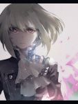  1boy black_gloves black_jacket blonde_hair close-up closed_mouth cravat earrings face fire frilled_sleeves frills gloves green_hair half_gloves highres jacket jewelry letterboxed lio_fotia male_focus ouka_(stan) outstretched_hand portrait promare purple_eyes solo upper_body 