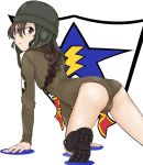  1girl adapted_costume all_fours alternate_color_school_swimsuit alternate_costume ass bangs black_footwear black_headwear boots braid brown_eyes brown_hair brown_swimsuit closed_mouth emblem from_behind frown girls_und_panzer legs long_hair long_sleeves looking_at_viewer looking_back rukuriri rukuriritea saunders_(emblem) saunders_military_uniform school_swimsuit single_braid solo star swimsuit tank_helmet white_background 