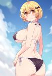  1girl ass bangs bat_hair_ornament bikini black_bikini blonde_hair blush breasts cloud cloudy_sky collarbone commentary_request cowboy_shot day from_behind hair_ornament hasu_(hk_works) hololive large_breasts looking_at_viewer short_hair sideboob sky smile solo swimsuit virtual_youtuber yozora_mel 
