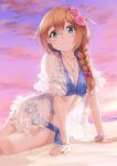  1girl aqua_eyes arm_support baba_konomi beach bikini blue_bikini blush braid breasts brown_hair cleavage closed_eyes cloud cloudy_sky collarbone commentary_request dutch_angle evening eyebrows_visible_through_hair flower frilled_bikini frilled_sleeves frills glint hair_between_eyes hair_flower hair_ornament horizon idolmaster idolmaster_million_live! idolmaster_million_live!_theater_days jewelry light_rays long_hair looking_at_viewer medium_breasts miri_(ago550421) navel necklace ocean open_clothes open_shirt outdoors pink_flower reclining sand see-through shirt short_sleeves signature single_braid sky solo sunbeam sunlight sunset swimsuit tareme two_side_up white_shirt 