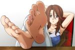  1girl armpits arms_behind_head arms_up barefoot breasts brown_eyes brown_hair camerarius chair crossed_arms crossed_legs eyebrows_visible_through_hair feet feet_together giantess gundam gundam_00 hair_between_eyes large_breasts miniboy no_shoes open_mouth pov_feet sitting soles sumeragi_lee_noriega toes 
