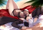  1girl arms_up azur_lane bangs bare_legs bare_shoulders beach black_footwear black_jacket blue_hair blue_sky blurry blurry_background breasts brown_swimsuit casual_one-piece_swimsuit closed_mouth collarbone day depth_of_field eyebrows_visible_through_hair flower graf_zeppelin_(azur_lane) graf_zeppelin_(beachside_urd)_(azur_lane) groin hair_between_eyes hair_flower hair_ornament hair_spread_out horizon jacket knees_up large_breasts long_hair long_sleeves looking_at_viewer lying navel navel_cutout ocean on_back one-piece_swimsuit open_clothes open_jacket outdoors pak_ce red_eyes sand see-through sky solo swimsuit very_long_hair water 