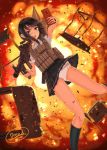  1girl :o absurdres bangs black_hair brown_eyes cellphone chair desk dreadtie dutch_angle explosion facing_viewer gun highres holding holding_phone holding_weapon original outstretched_arm panties phone pleated_skirt rocket_launcher rpg self_shot short_hair signature skirt smartphone solo taking_picture underwear weapon white_panties 