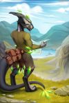  2019 anthro clothed clothing day detailed_background digitigrade dragon grass hi_res holding_object male outside sky smile solo stanidng tail_pouch zazush-una 