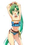  1girl athenawyrm bikini blush breasts earrings fire_emblem fire_emblem:_the_blazing_blade fire_emblem_heroes green_eyes green_hair high_ponytail highres jewelry large_breasts long_hair looking_at_viewer lyn_(fire_emblem) navel one_eye_closed open_mouth ponytail simple_background smile solo swimsuit very_long_hair white_background 