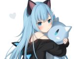  amashiro_natsuki animal_ears aqua_eyes aqua_hair catgirl cropped doll heart hoodie hug long_hair original white 