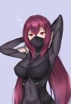 1girl arms_behind_head arms_up blue_background blush bodysuit breasts commentary_request covered_navel covered_nipples crimecrime fate/grand_order fate_(series) hair_intakes highres large_breasts leotard long_hair looking_at_viewer mask pauldrons purple_bodysuit purple_hair purple_leotard red_eyes scathach_(fate)_(all) scathach_(fate/grand_order) shoulder_armor simple_background solo 