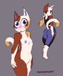  absurd_res animal_crossing anthro blush breasts butt calico_cat clothed clothing domestic_cat felid feline felis female fur half-closed_eyes hi_res looking_back mammal nintendo nipples nude open_mouth purrl_(animal_crossing) pussy rainbowsprinklesart simple_background smile solo video_games 