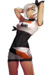  1girl arms_behind_head bodysuit breasts covered_navel hairband highres i-pan pokemon pokemon_(game) pokemon_swsh saitou_(pokemon) short_hair shorts silver_hair simple_background solo white_background 